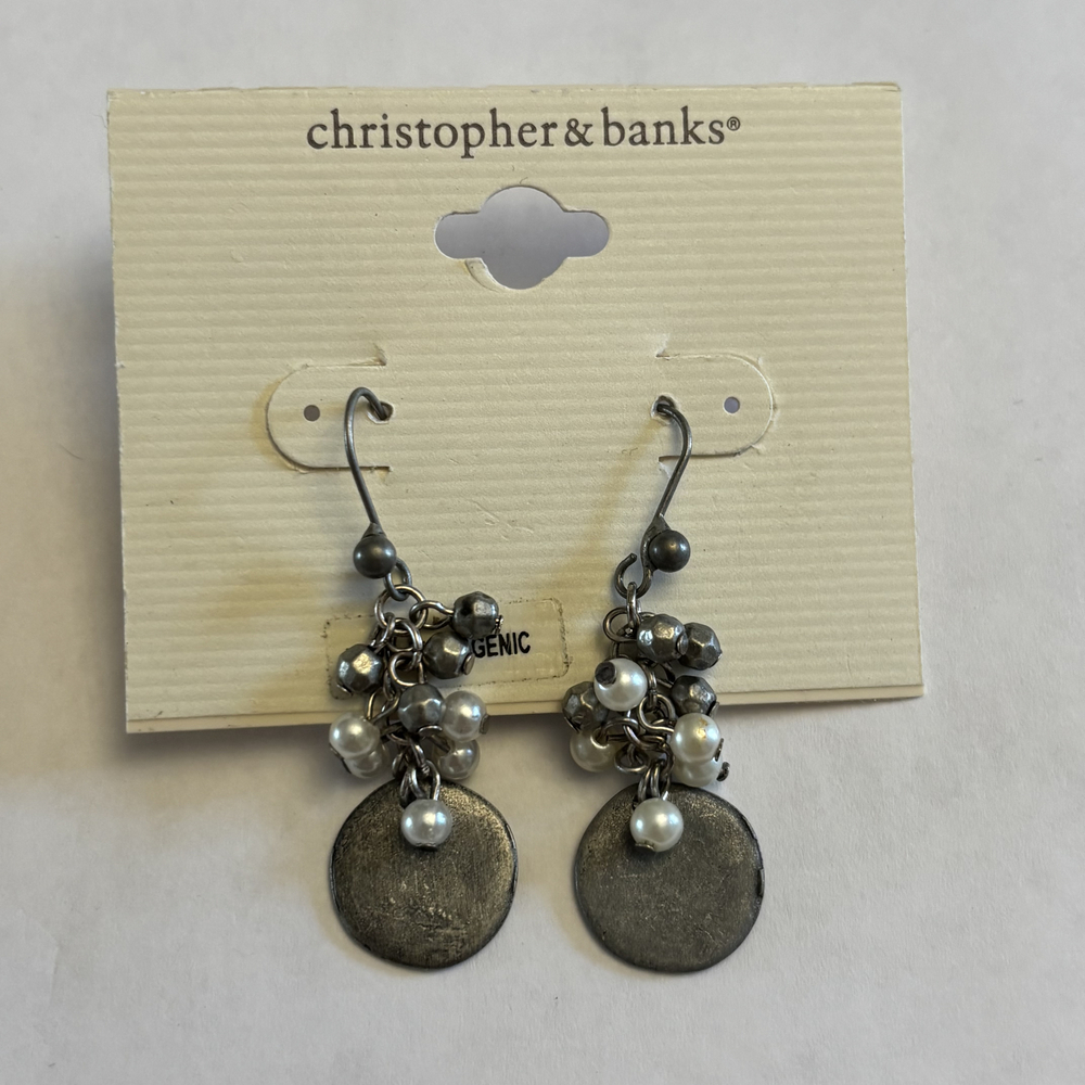 Christopher & Banks Antiqued Silver Bead Faux Pearl Disc Drop Earrings NWT